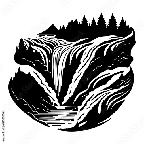 Monochrome Cascading Waterscape Nature Artwork