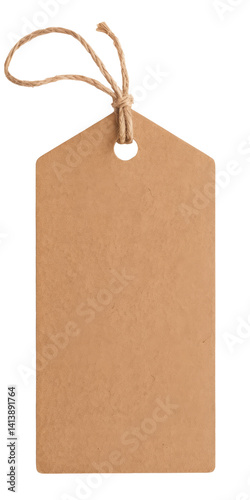 blank brown paper tag with jute string on white background