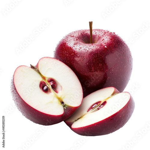Freshly sliced red envy apple with droplets of water on Transparent background, red apple Envy Apple, half and slice isolated on PNG background