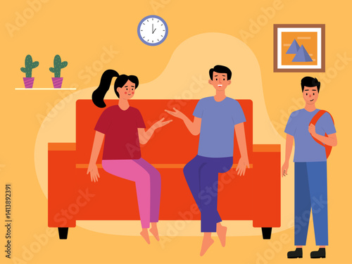 Mom and dad are sitting on the sofa waiting for their son to come from school illustration. Family illustration. Flat vector illustration concept.