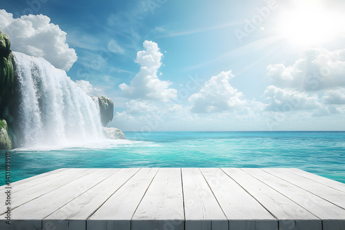 Empty white wooden floor or table with waterfalls, mountains, and white mist, blue water sunny sky is background. Realistic nature template pattern. Podium for advertising stand display.