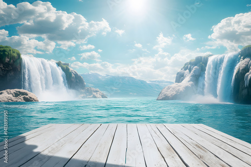 Empty white wooden floor or table with waterfalls, mountains, and green forests, white mist, blue water sunny sky is background. Podium for advertising stand display. Realistic nature template pattern
