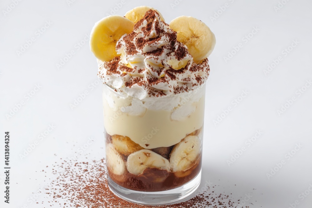 A delicious banana pudding parfait in a glass, topped with whipped cream, banana slices, and a sprinkle of cocoa powder isolated on a clean white background. vanilla ice cream with fruits A delicious banana pudding parfait in a glass, topped with whipped cream, banana slices, and a sprinkle of cocoa powder isolated on a clean white background. vanilla ice cream with fruits