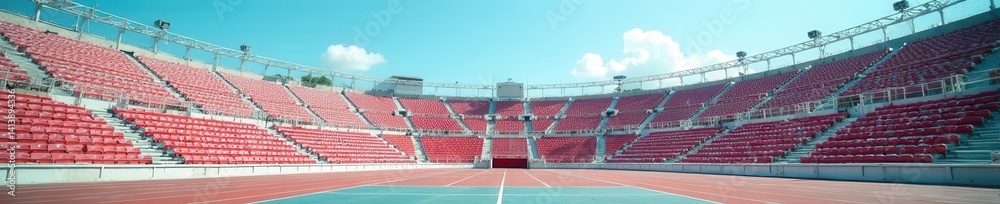 Obraz premium Rows of empty metal bleachers under a clear sky, outdoor stadium, venue