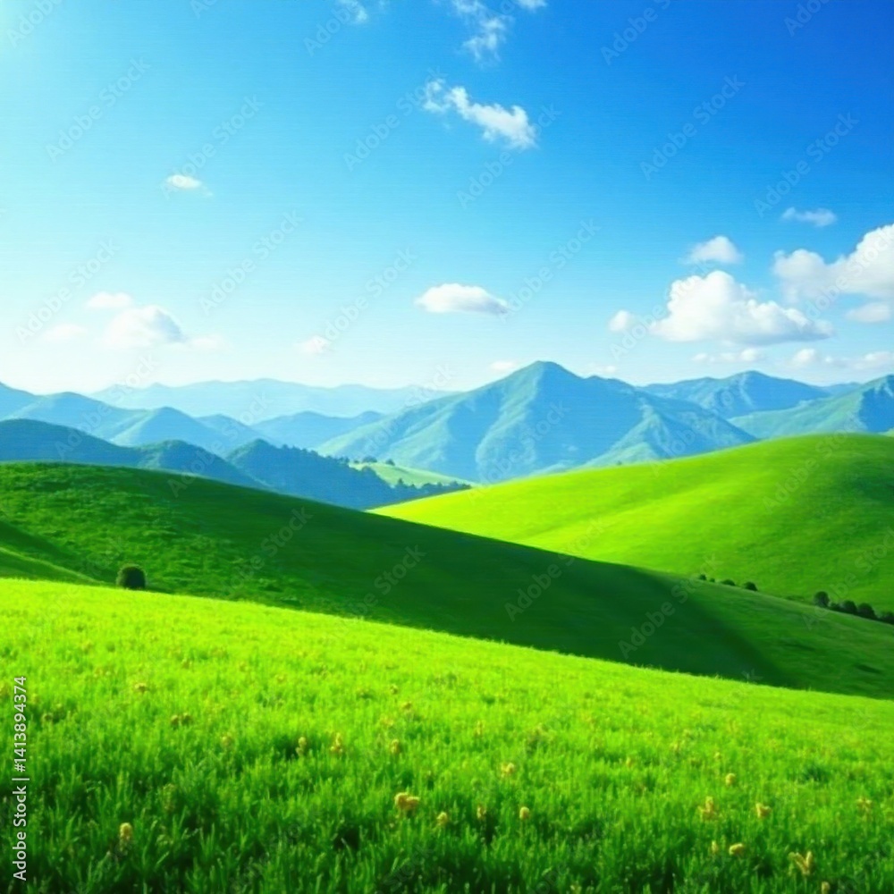 Fototapeta premium Rolling green pastures, distant mountains, clear blue sky , environment, outdoor