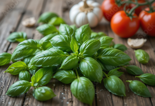 Fresh basil leaves with tomatoes and garlic on a rustic wooden surface in a close up view