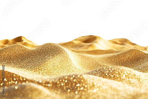 Pile Gold dust. Pile dry golden sand beach heaps on white background. Or Pile of gold sequin bits on white background. Heap of golden glitters.