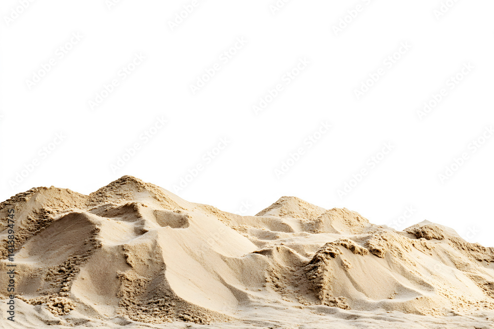 Fototapeta premium Desert sand pile dune light yellow, gold on white background with clipping path. Hill wave heap of dry beach sand. Art from sand piles. copy space.