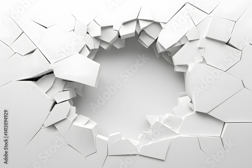 Hole breaking through white wall damaged. Hole in white paper with torn edges and piercing. Texture Background Abstract. Concrete wall or white cement wall.