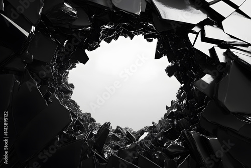 Art from stone wall. Hole breaking through black wall stone on white background. Hole in black paper with torn edges and piercing sunlight and rays through it.