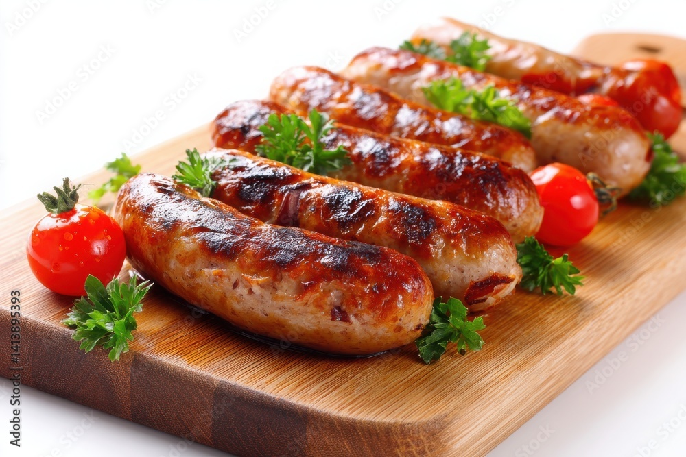 A row of grilled sausages served on a wooden cutting board with tomatoes and parsley, isolated on a white background. grilled meat with vegetables A row of grilled sausages served on a wooden cutting board with tomatoes and parsley, isolated on a white background. grilled meat with vegetables
