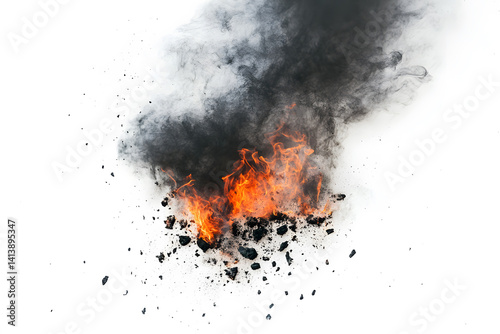 Smoldering black burning coals embers of fire orange hot with Black and white smoke on white background. Background Abstract textured. Copy space