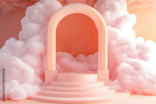 Podium colorful 3D stage with abstract arch platforms clouds on background orange pastel. Dreamy setting whimsical design. Pink beauty cosmetic product placement pedestal advertising stand display.