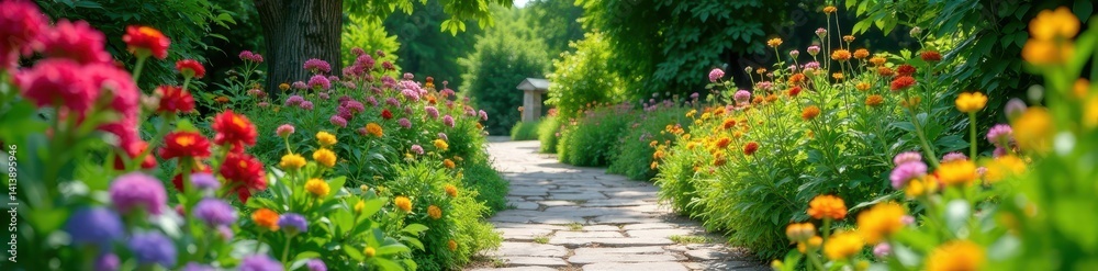 Fototapeta premium Stone pathway winds through lush summer cottage garden bursting with color , blossom, garden