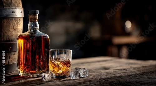 Whiskey Decanter and Glass: Rustic Elegance in Golden Hour