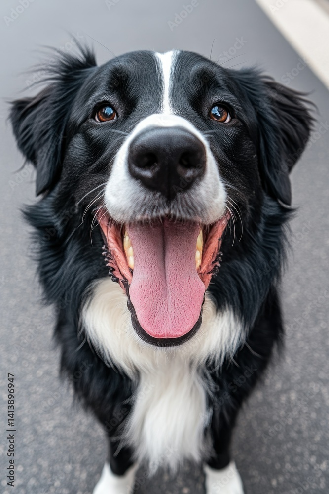 Happy black and white dog with open mouth Happy black and white dog with open mouth