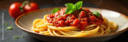 Thick spaghetti drenched in rich tomato sauce , gluten, red, oregano
