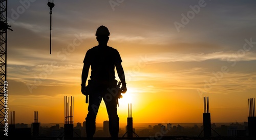 Silhouette of a construction worker on a building site against a sunset, symbolizing dedication and progress in urban development.