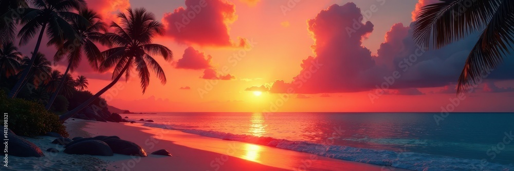 Fototapeta premium Vibrant sunset over tranquil tropical beach, palm silhouettes against fiery sky , exotic, sunset, palm trees