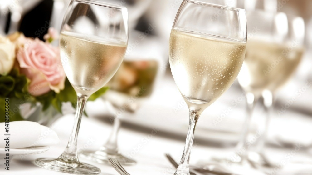 Elegant champagne flutes on a table setting, ready for a celebration Elegant champagne flutes on a table setting, ready for a celebration