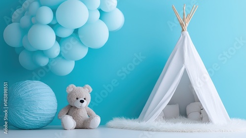 Wallpaper Mural Adorable teddy bear with blue balloons and teepee tent childrens photography pastel colors soft lighting Torontodigital.ca