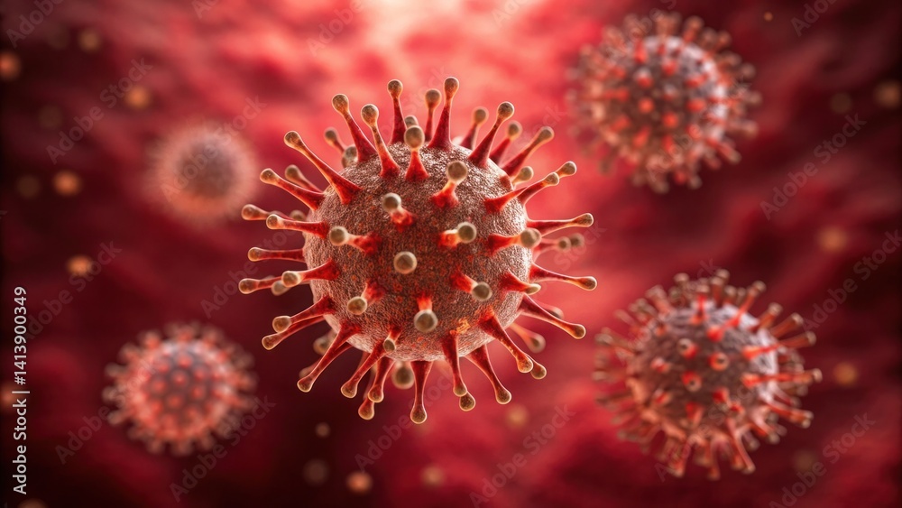 Fototapeta premium Pathogens Microbes Infectious Disease concept, Microscopic view of virus particles in a red environment, illustrating infectious activity.