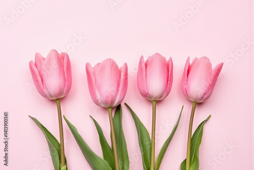 three pink tulips on a pink background