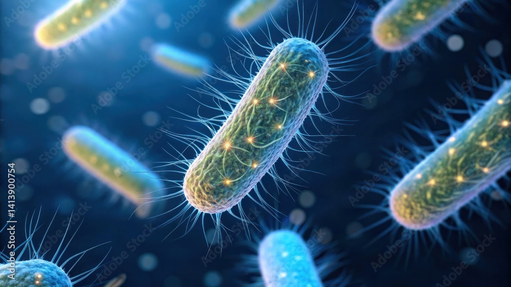 Obraz premium Pathogens Microbes Infectious Disease concept, Microscopic view of bacteria with flagella, showcasing intricate details and vibrant colors.
