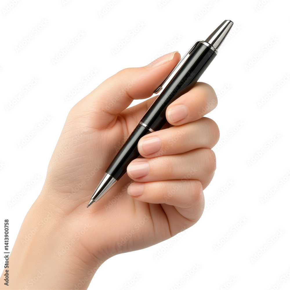 Hand holding a pen on a white background in a focused writing position during a creative activity, Hand holding a pen isolated on white background Hand holding a pen on a white background in a focused writing position during a creative activity, Hand holding a pen isolated on white background