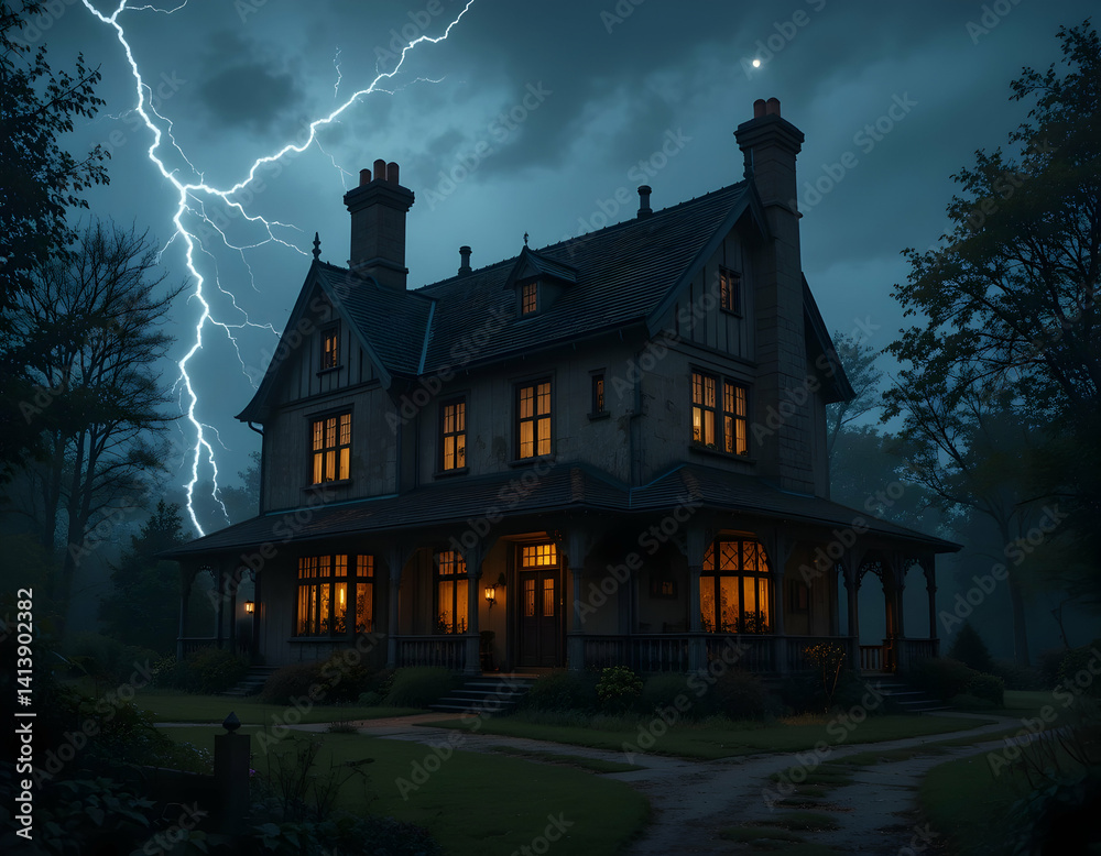 House Under Lightning Storm at Night with Glowing Windows House Under Lightning Storm at Night with Glowing Windows