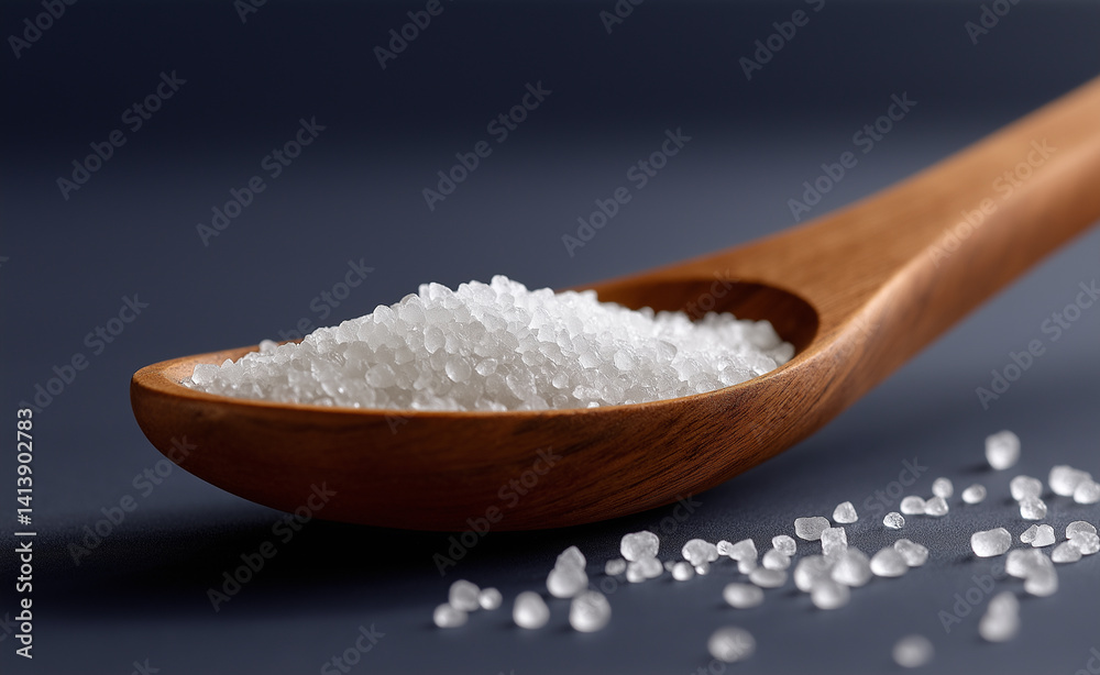 Coarse white salt crystals in a wooden spoon on a dark background with scattered grains.
Coarse white salt crystals in a wooden spoon on a dark background with scattered grains.