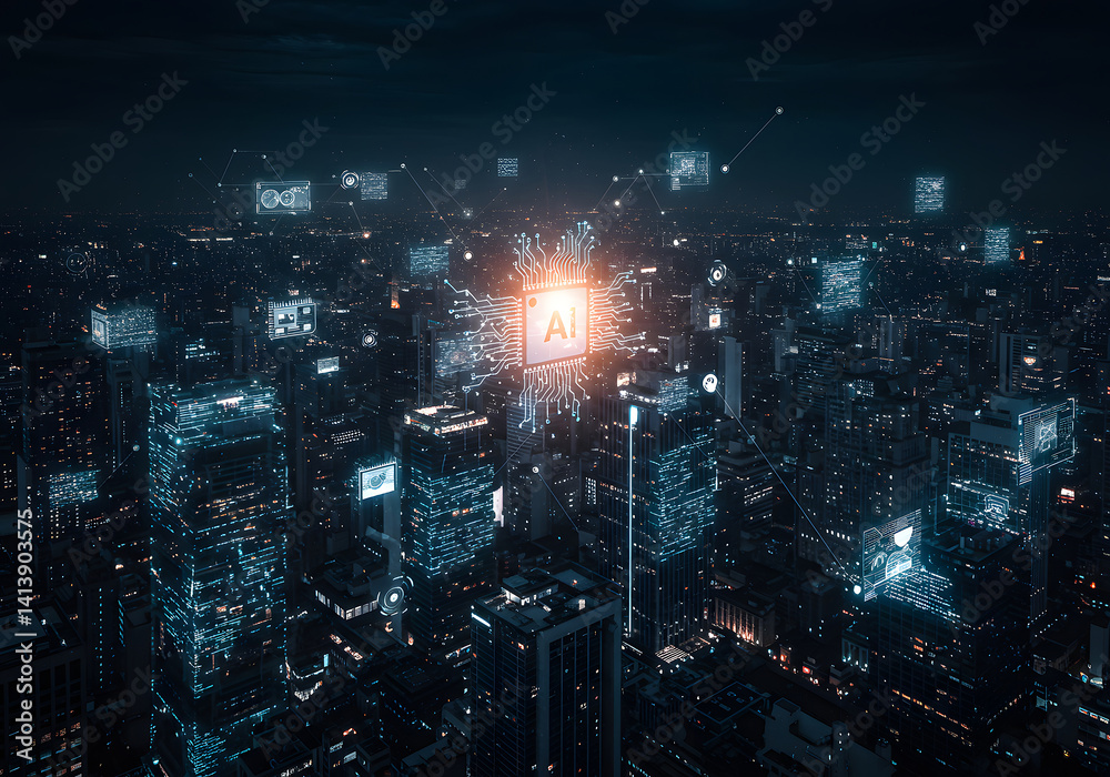 Fototapeta premium Futuristic AI Cityscape Artificial Intelligence Over Urban Development, Network and Technology