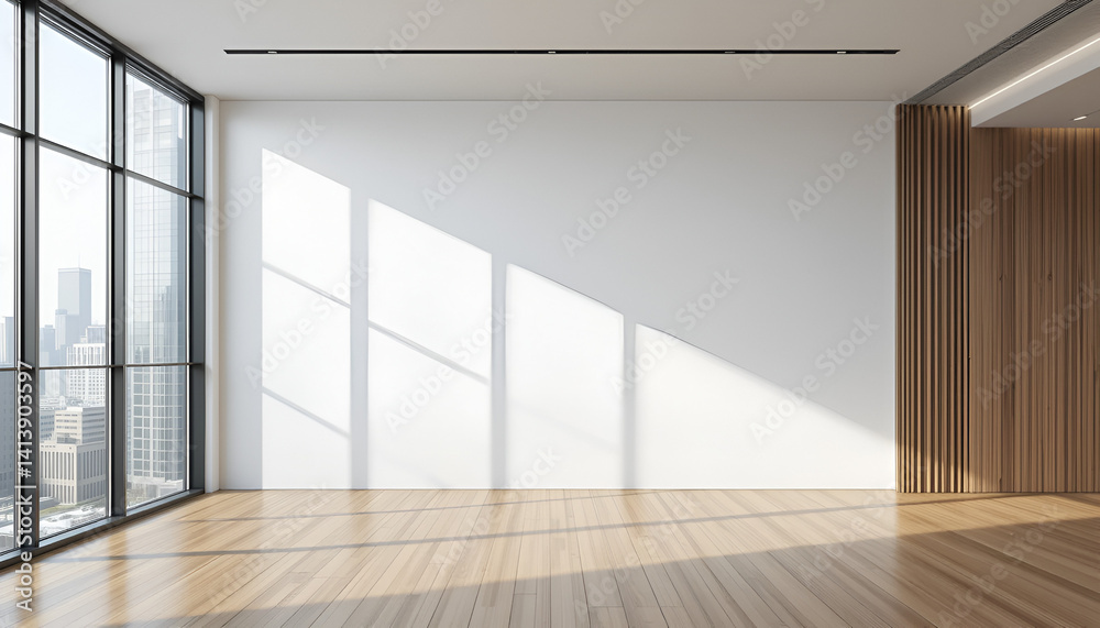 Fototapeta premium Bright Modern Office Space with Glass Partition, City Views, and Natural Light 