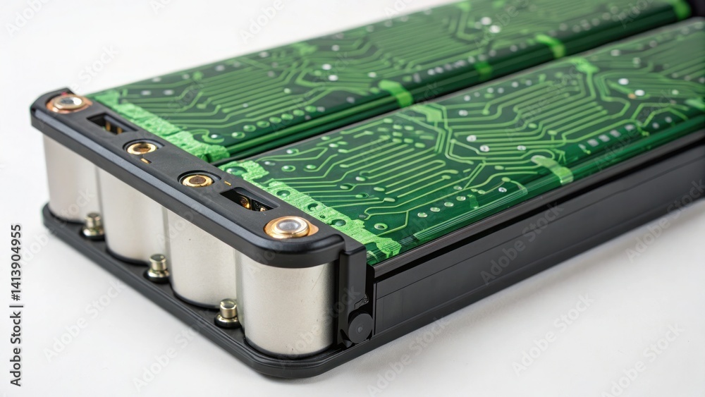 A close-up image of a battery pack featuring green circuit board patterns and metal cylindrical cells. A close-up image of a battery pack featuring green circuit board patterns and metal cylindrical cells.