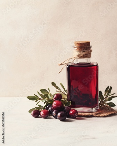 Glass bottle of red liquid with olives and leaves on a light background. The fusion of two elements concept. Rose hip oil with cranberry 