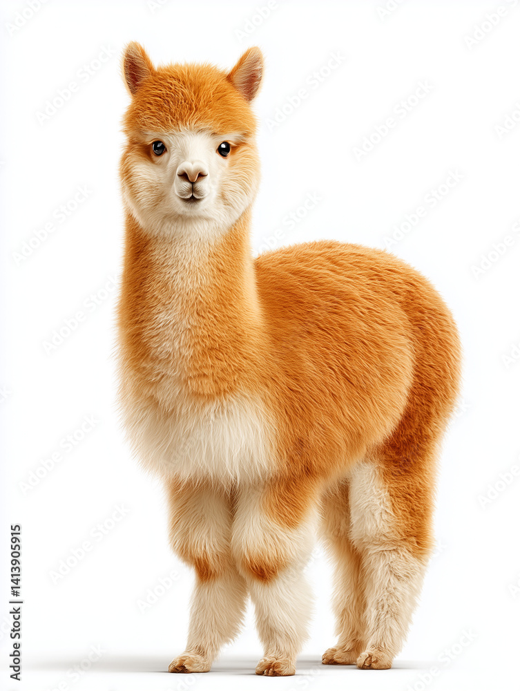 Obraz premium Cute fluffy alpaca standing on white background, full body view 하얀 배경 위에 서 있는 복슬복슬 귀여운 알파카 전신