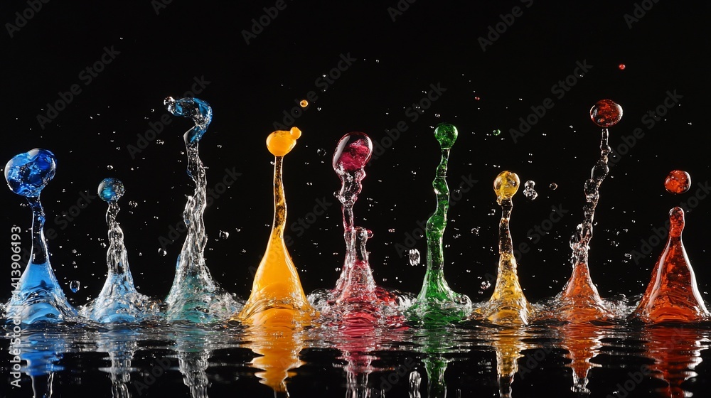 Vibrant Rainbow Water Droplet Symphony: A Stunning Macro Photography of Colorful Splashes Against a Black Background