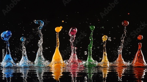 Vibrant Rainbow Water Droplet Symphony: A Stunning Macro Photography of Colorful Splashes Against a Black Background