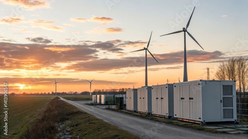 Renewable Energy Storage concept, Wind turbines stand against a colorful sunset, with energy storage containers in the foreground.
