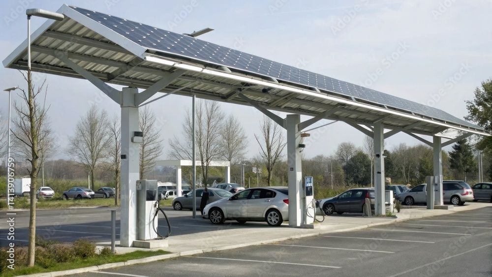 Obraz premium Renewable Energy Storage concept, Electric vehicle charging station with solar panels, surrounded by parked cars and trees.