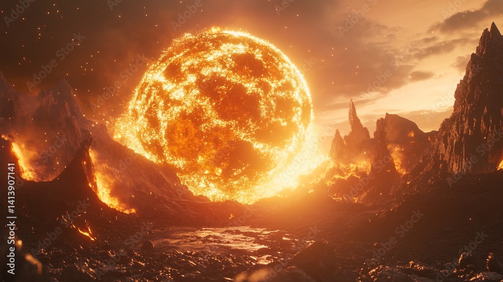 Fiery Celestial Body Approaching Volcanic Landscape