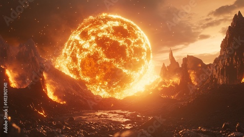 Obraz na płótnie Fiery Celestial Body Approaching Volcanic Landscape w salonie