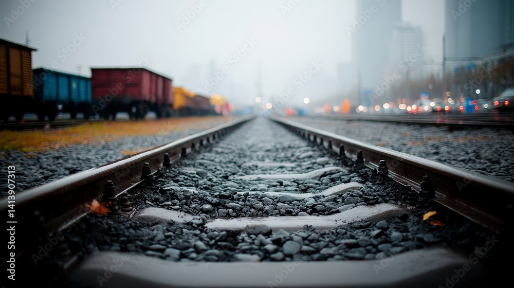 Obraz premium Railroad Tracks Cityscape Rainy Day Urban Train Scene