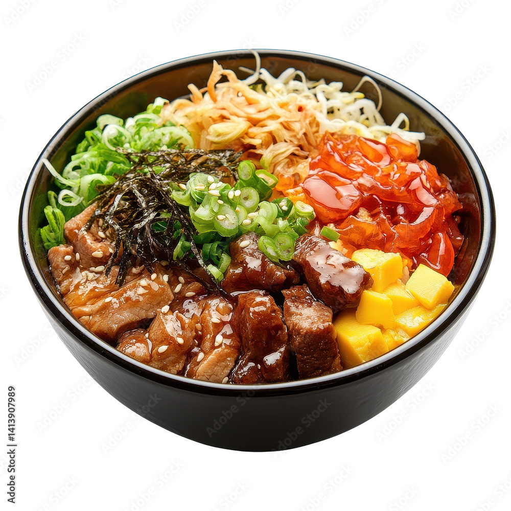 Delicious donburi bowl with various toppings on an isolated Transparent background, Donburi Isolated PNG background Delicious donburi bowl with various toppings on an isolated Transparent background, Donburi Isolated PNG background