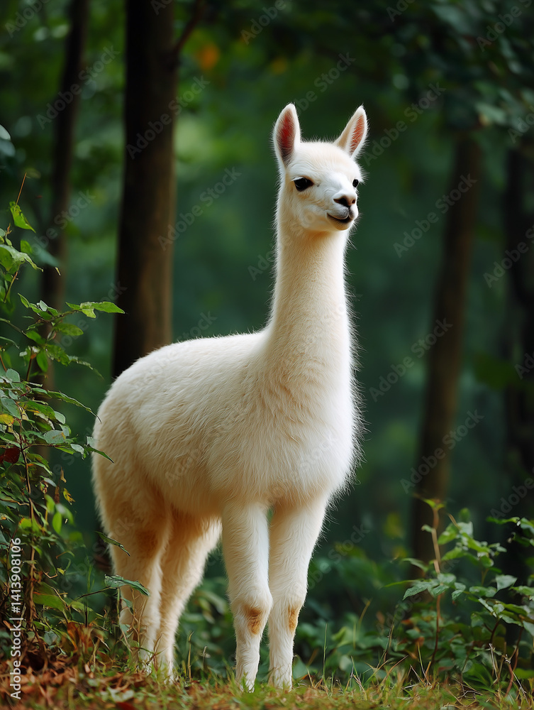Obraz premium White alpaca standing in lush green forest, full body side view 푸른 숲속에 서 있는 흰색 알파카의 전신 측면 모습