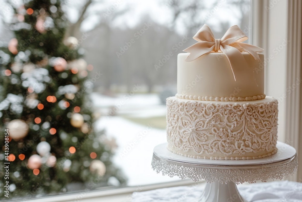 Fototapeta premium Elegant two-tiered cake with intricate lace design, wintery backdrop