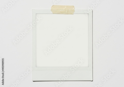A blank polaroid frame is taped to a white wall creating a minimalist and clean aesthetic look