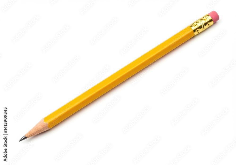 A yellow pencil with a pink eraser on a white background laying diagonally across the frame center A yellow pencil with a pink eraser on a white background laying diagonally across the frame center