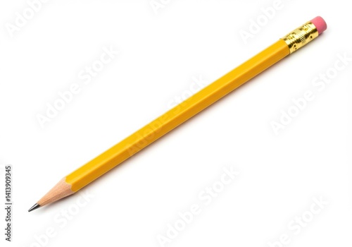 A yellow pencil with a pink eraser on a white background laying diagonally across the frame center