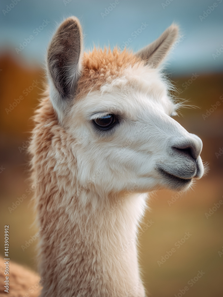 Obraz premium Close-up of alpaca head with soft wool texture in outdoor setting 부드러운 털을 가진 알파카 머리의 클로즈업 야외 사진